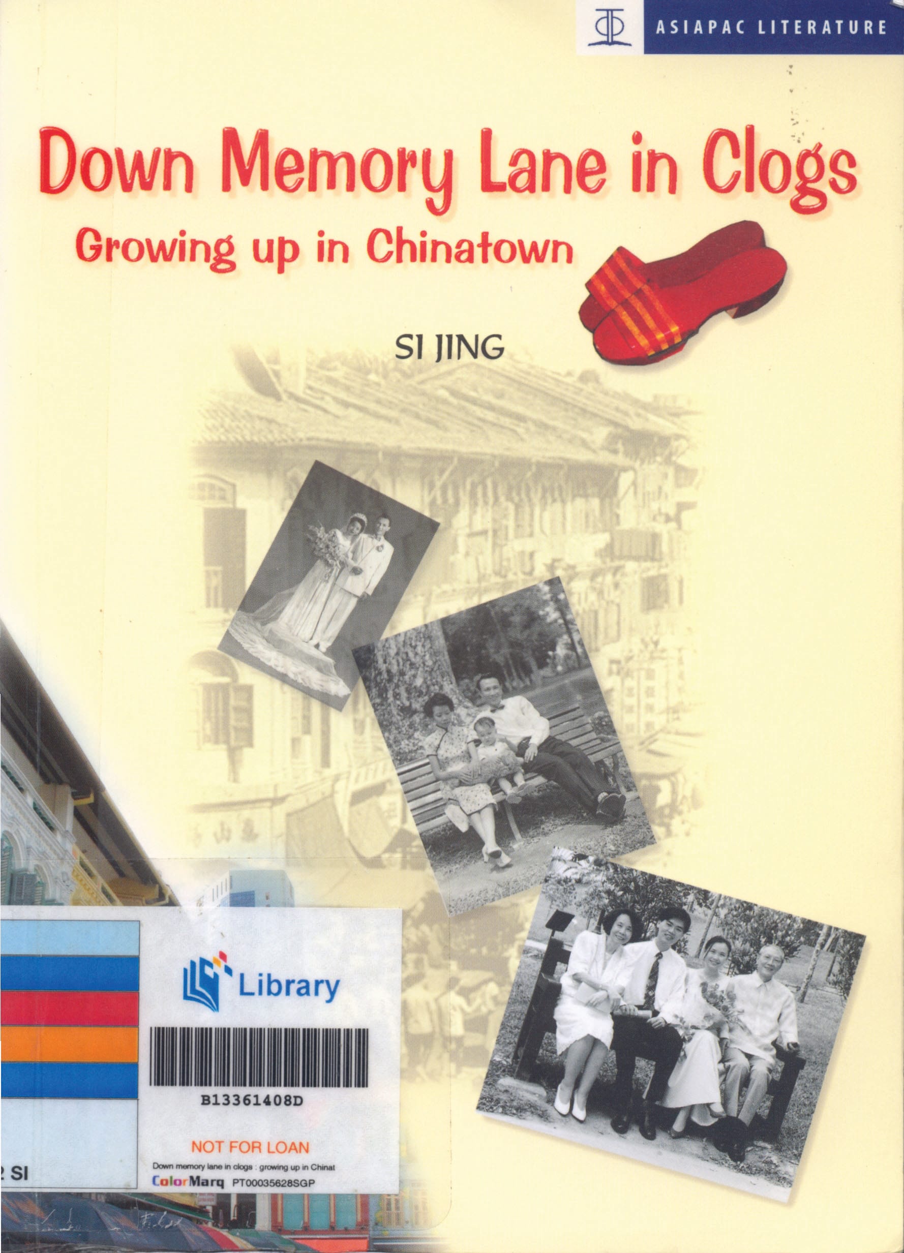 The book cover features the title "Down Memory Lane in Clogs: Growing up in Chinatown" with black-and-white family photos.